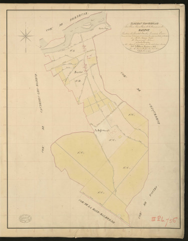 Martot. Tableau d'assemblage _ du Plan Parcellaire de la Commune de Martot. _ Canton de Pont-de-l'Arche - Louviers - Eure. _ Terminé sur le terrain le 28 décembre 1834 sous l'administration de M. A. Passy, Préfet _ M. Faupoint, maire _ en sous la Direction de M. Marel, Directeur des Contributions directes. _ M. Le Fébure, Géomètre Chef. _ Par M. Renault, Géomètre de 1re classe.