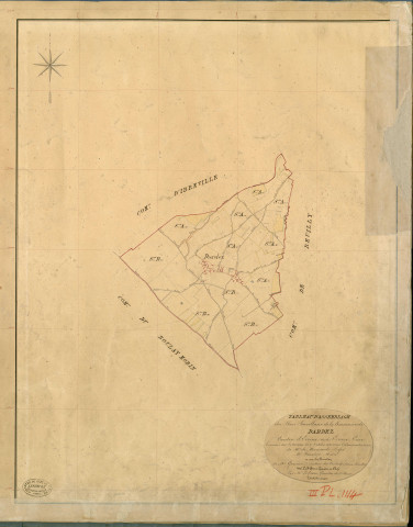 Dardez. Tableau d'assemblage _ du Plan Parcellaire de la Commune du Chapelle de Dardez _ Canton de Evreux (nord) - Evreux - Eure. _ Terminé sur le Terrain le 29 Octobre 1840 , sous l'administration de M. de Monicault, Préfet _ M. Fauchet, Maire _ sous la Direction de M. Garnier, Directeur des Contributions directes _ M. Le Fébure, Géomètre en Chef. _ Par M. Le Grain, Géomètre de 1re classe.