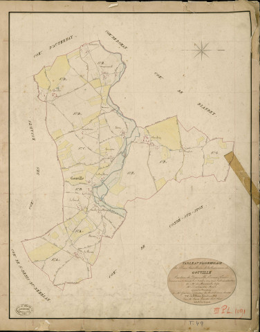 Gouville. Tableau d'assemblage _ du Plan Parcellaire de la Commune de Gouville _ Canton de Damville - Evreux - Eure. _ Terminé sur le Terrain le 1 Octobre 1838 , sous l'administration de M. de Monicault, Préfet _ M. Deslandes, Maire _ sous la Direction de M. Garnier, Directeur des Contributions directes _ M. Le Fébure, Géomètre en Chef. _ Par M. Canu, Géomètre de 1re classe.