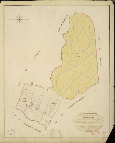 Incarville. Tableau d'assemblage _ du Plan Parcellaire de la Commune d'Incarville _ Canton de Louviers - Louviers - Eure. _ Terminé sur le Terrain en 1823, sous l'administration de M. Le Vicomte Raymond Delaitre, Préfet _ M. Gondrad, Maire _ et sous la Direction de M. Boullenger, Directeur des Contributions directes _ M. Hautier, Géomètre en Chef. _ Par M. Simon, Géomètre de 1re classe.