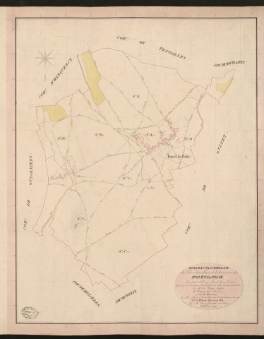 Forêt-la-Folie. Tableau d'assemblage du Plan Parcellaire de la Commune de Forêt-la-Folie. _ Canton d'Ecos - Andelys - Eure. _ Terminé sur le terrain le 10 août 1836, sous l'administration de M. A Passy, Préfet - M. Charpentier, Maire et sous la direction de M. Marel, Directeur des Contributions directes. _ M. Le Fébure, Géomètre en Chef. _ Par M. Canu, Géomètre de 1re classe