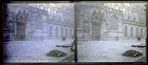 Tympan représentant le martyre de Saint-Laurent et statues de l'Adoration des mages du portail Saint-Laurent de la cathédrale Notre-Dame de Strasbourg (Bas-Rhin).