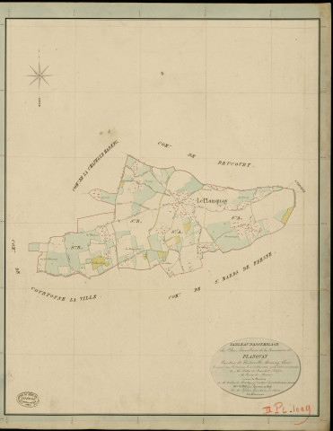 Planquay (Le). Tableau d'assemblage _ du Plan Parcellaire de la Commune des Planquay _ Canton de Thiberville - Bernay - Eure. _ Terminé sur le Terrain le 3 Juillet 1846 , sous l'administration de M. petit de Bantel, Préfet _ M. Conard, Maire _ sous la Direction de M.Violas de Martigny, Directeur des Contributions directes _ M. Le Fébure, Géomètre en Chef. _ Par M. Lefebure, Géomètre de 1re classe.