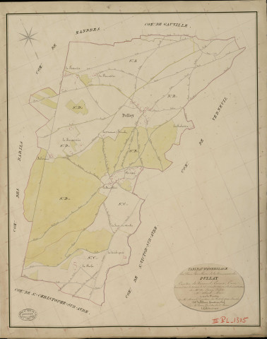 Pullay. Tableau d'assemblage _ du Plan Parcellaire de la Commune de Pullay _ Canton de Verneuil - Evreux - Eure. _ Terminé sur le Terrain le 25 Décembre 1835, sous l'administration de M. A. Passy, Préfet _ M. Allard, Maire _ et sous la Direction de M. Marel, Directeur des Contributions directes _ M. Le Fébure, Géomètre en Chef. _ Par M. Canu, Géomètre de 1re classe.