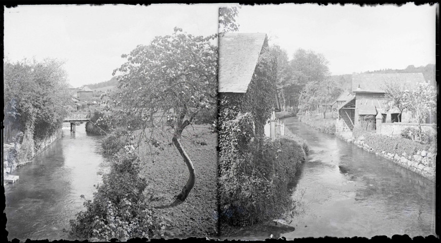 Rivière traversant la campagne de l'église de Ry (Seine-Maritime).