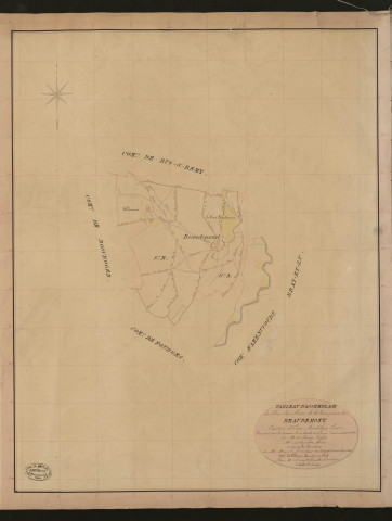 Baudémont. Tableau d'assemblage du Plan Parcellaire de la Commune de Beaudemont. _ Canton d'Ecos - Andelys, Eure. _ Terminé sur le terrain le 10 août 1836, sous l'administration de M. A. Passy, Préfet - M. Delaporte, Maire et sous la direction de M. Marel, Directeur des Contributions directes. _ - M. Le Fébure, Géomètre en Chef. _ Par M. Drouet, Géomètre de 1re classe.