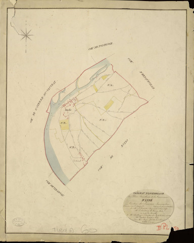 Andé. Tableau d'assemblage _ du Plan Parcellaire de la Commune d'Andé _ Canton de Louviers - Louviers - Eure. _ Terminé sur le Terrain en 1823, sous l'administration de M. Le Vicomte Raymond Delaître, Préfet _ M. Le Cousturier de Courcy, Maire _ et sous la Direction de M. Boullenger, Directeur des Contributions directes _ M. Hautier, Géomètre en Chef. _ Par M. Roger, Géomètre de 1re classe.