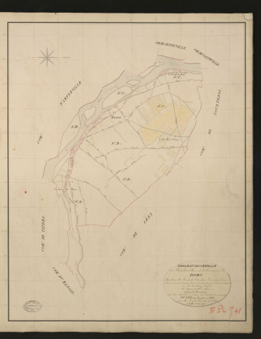 Poses. Tableau d'assemblage _ du Plan Parcellaire de la Commune de Poses. _ Canton de Pont-de-l'Arche - Louviers - Eure. _ Terminé sur le terrain le 27 décembre 1834 sous l'administration de M. A. Passy, Préfet _ M. Quenneville, maire _ en sous la Direction de M. Marel, Directeur des Contributions directes. _ M. Le Fébure, Géomètre Chef. _ Par M. Longlet, Géomètre de 1re classe.