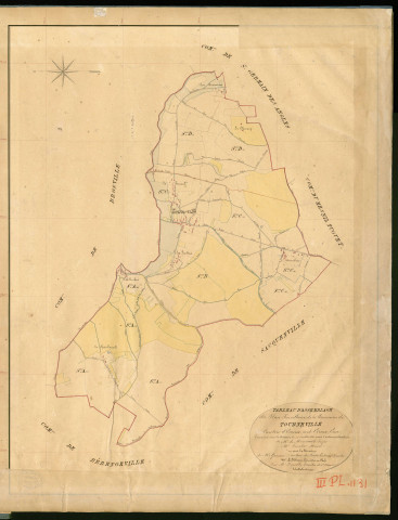 Tourneville. Tableau d'assemblage _ du Plan Parcellaire de la Commune de Tourneville _ Canton de Evreux (nord) - Evreux - Eure. _ Terminé sur le Terrain le 13 Juillet 1841 , sous l'administration de M. de Monicault, Préfet _ M. Foucher, Maire _ sous la Direction de M. Garnier, Directeur des Contributions directes _ M. Le Fébure, Géomètre en Chef. _ Par M. Depuilly, Géomètre de 1re classe.