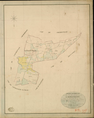 Chapelle-Hareng (La). Tableau d'assemblage _ du Plan Parcellaire de la Commune de La Chapelle Hareng _ Canton de Thiberville - Bernay - Eure. _ Terminé sur le Terrain le 28 Mars 1846 , sous l'administration de M. Petit de Bantel, Préfet _ M. Hudoux, Maire _ sous la Direction de M.Violas de Martigny, Directeur des Contributions directes _ M. Le Fébure, Géomètre en Chef. _ Par M. Lefebure, Géomètre de 1re classe.