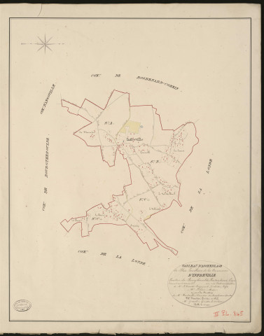 Infreville. Tableau d'assemblage _ du Plan Parcellaire de la Commune d'Infreville _ Canton de Bourgtheroulde - Pontaudemer - Eure. _ Terminé sur le terrain en 1828, sous l'administration de M.le Vicomte Raymond Delaitre, Préfet _ M. Leclerc, maire _ en sous la Direction de M. Hurtrelle, Directeur des Contributions directes. _ M. Hautier, Géomètre en Chef. _ Par M. Gérard, Géomètre de 1re classe.