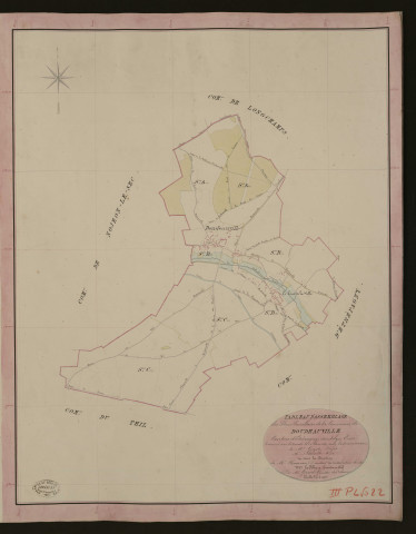 Doudeauville-en-Vexin. Tableau d'assemblage du Plan Parcellaire de la Commune de Doudeauville. _ Canton d'Etrépagny - Andelys - Eure. _ Terminé sur le terrain le 16 mai 1850, sous l'administration de M. Guyot, Préfet - M. Delaruelle, Maire et sous la direction de M. Chaveau, Directeur des Contributions directes. _ M. Le Fébure, Géomètre en Chef. _ Par M. Girard, Géomètre de 1re classe