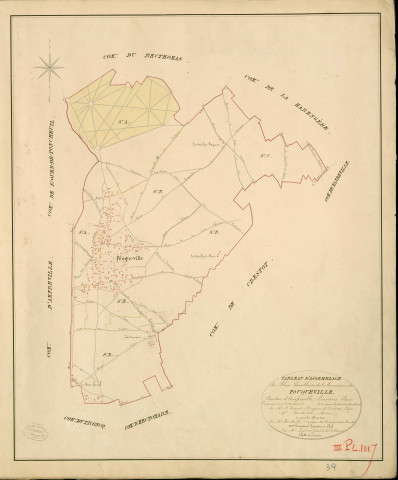 Fouqueville. Tableau d'assemblage _ du Plan Parcellaire de la Commune de Fouqueville _ Canton d'Amfreville - Louviers - Eure. _ Terminé sur le Terrain en 1828 , sous l'administration de M. Le Vicomte Raymond Delaître , Préfet _ M. de Berthelin, Maire _ sous la Direction de M.Hurtrelle, Directeur des Contributions directes _ M. Hautier, Géomètre en Chef. _ Par M. Lefebure, Géomètre de 1re classe.