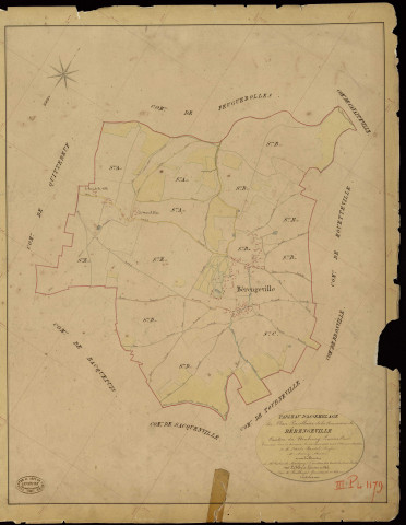 Bérengeville-la-Campagne. Tableau d'assemblage _ du Plan Parcellaire de la Commune de Bérengeville _ Canton de Neubourg - Louviers - Eure. _ Terminé sur le Terrain le 14 Juin 1846, sous l'administration de M. Petit de Bantel, Préfet _ M. Amory, Maire _ et sous la Direction de M. Violas de Martigny, Directeur des Contributions directes _ M. Le Fébure, Géomètre en Chef. _ Par M. Boullenger, Géomètre de 1re classe.