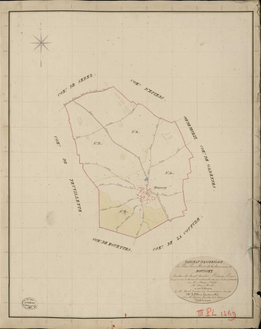Boussey. Tableau d'assemblage _ du Plan Parcellaire de la Commune de la Boussey _ Canton de Saint André - Evreux - Eure. _ Terminé sur le Terrain le 20 Novembre 1837, sous l'administration de M. Passy, Préfet _ M. Noe, Maire _ et sous la Direction de M. Marel, Directeur des Contributions directes _ M. Le Fébure, Géomètre en Chef. _ Par M. Le Grain, Géomètre de 1re classe.