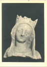Tête d'une statue de la Vierge à l'Enfant du XIIIe siècle, en pierre, de l'église Notre-Dame d'Aigleville (Eure, France)