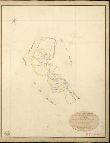 Villalet. Tableau d'assemblage _ du Plan Parcellaire de la Commune de Villalet _ Canton de Damville - Evreux - Eure. _ Terminé sur le Terrain le 1 Septembre 1839 , sous l'administration de M. de Monicault, Préfet _ M. Mesnil, Maire _ sous la Direction de M. Garnier, Directeur des Contributions directes _ M. Le Fébure, Géomètre en Chef. _ Par M. Pizier, Géomètre de 1re classe.