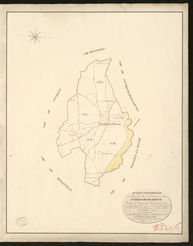 Notre-Dame-de-Fresne. Tableau d'assemblage du Plan Parcellaire de la Commune de Notre-Dame-de-Fresne _ Canton de Cormeilles - Pont-Audemer - Eure _ Terminé sur le terrain le 1826, sous l'administration de M. Le Vicomte Raymond Delaitre, Préfet - M. Boissière, Maire et sous la direction de M. Hurtrelle, Directeur des Contributions directes. _ M. Hautier, Géomètre en Chef. _ Par M. Canu, Géomètre de 1re classe