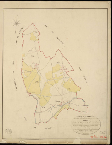 Breux-sur-Avre. Tableau d'assemblage _ du Plan Parcellaire de la Commune de Breux _ Canton de Nonancourt - Evreux - Eure. _ Terminé sur le Terrain le , sous l'administration de M. Le Vicomte Raymond Delaitre, Préfet _ M. Petit, Maire _ et sous la Direction de M. Marel, Directeur des Contributions directes _ M. Hautier, Géomètre en Chef. _ Par M. Roger, Géomètre de 1re classe.