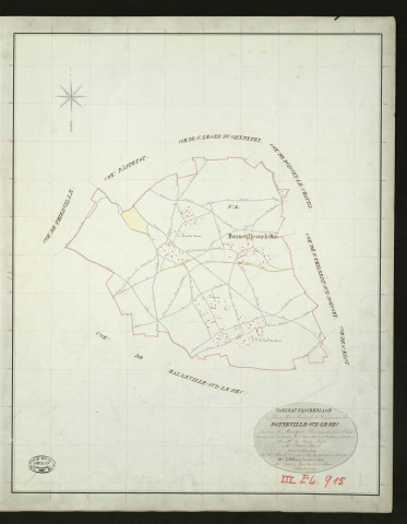 Bonneville-sur-le-Bec. Tableau d'assemblage _ du Plan Parcellaire de la Commune de Bonneville-Sur-le-Bec _ Canton de Montfort - Pontaudemer - Eure. _ Terminé sur le Terrain le 2 mars 1832, sous l'administration de M. A Passy, Préfet _ M. Potier, Maire _ sous la Direction de M.Marel, Directeur des Contributions directes _ M. Le Fébure, Géomètre en Chef. _ Par M. Thorel, Géomètre de 1re classe.