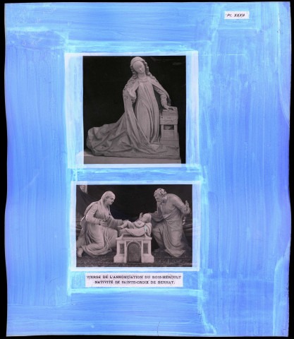 "Histoire générale du diocèse d'Évreux" du chanoine Bonnenfant tome I, planche XXXV Vierge de l'Annonciation de la chapelle du château de Bois-Héroult, à Écaquelon (Eure) et la Nativité de l'église Sainte-Croix de Bernay (Eure).