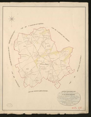 Saint-Victor-d'Epine. Tableau d'assemblage _ du Plan Parcellaire de la Commune de Saint-Victor-d'Epine _ Canton de Brionne - Bernay - Eure. _ Terminé sur le Terrain en 1827, sous l'administration de M.le Vicomte Raymond Delaitre, Préfet _ M. Leseigneur, Maire _ en sous la Direction de M. Hurtrelle, Directeur des Contributions directes _ M. Hautier, Géomètre en Chef. _ Par M. Roger, Géomètre de 1re classe.
