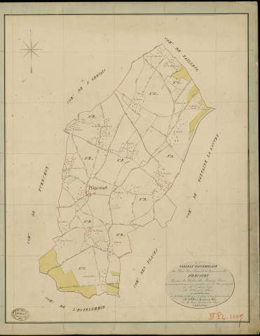 Piencourt. Tableau d'assemblage _ du Plan Parcellaire de la Commune de Piencourt _ Canton de Thiberville - Bernay - Eure. _ Terminé sur le Terrain le 29 Septembre 1845 , sous l'administration de M. Zedée, Préfet _ M. Le françois, Maire _ sous la Direction de M.Violas de Martigny, Directeur des Contributions directes _ M. Le Fébure, Géomètre en Chef. _ Par M. Canu, Géomètre de 1re classe.