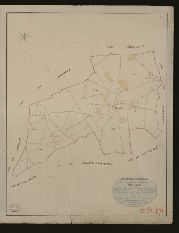 Berville-la-Campagne. Tableau d'assemblage _ du Plan Parcellaire de la Commune de Berville. _ Canton de Beaumont-le-Roger - Bernay - Eure. _ Terminé sur le terrain en 1826 sous l'administration de M. Le Vicomte Raymond Delaitre, Préfet _ M. Meriel, maire _ en sous la Direction de M. Hurtrelle, Directeur des Contributions directes. _ M. Hautier, Géomètre en Chef. _ Par M. Folin, Géomètre de 1re classe.