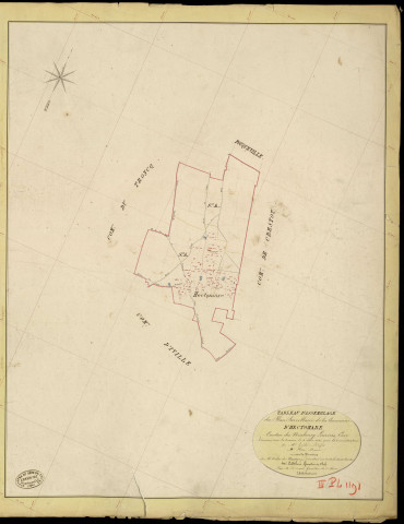 Hectomare. Tableau d'assemblage _ du Plan Parcellaire de la Commune d'Hectomare _ Canton de Neubourg - Louviers - Eure. _ Terminé sur le Terrain le 4 Juin 1845, sous l'administration de M. Zédé, Préfet _ M. Hue, Maire _ et sous la Direction de M. Violas de Martigny, Directeur des Contributions directes _ M. Le Fébure, Géomètre en Chef. _ Par M. Drouet, Géomètre de 1re classe.