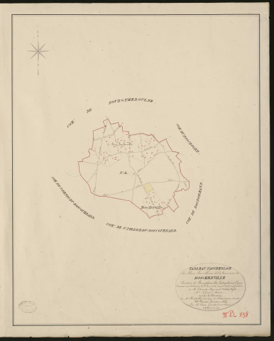 Boscherville. Tableau d'assemblage _ du Plan Parcellaire de la Commune de Boscherville _ Canton de Bourgtheroulde - Pontaudemer - Eure. _ Terminé sur le terrain le 3 juin 1828, sous l'administration de M.le Vicomte Raymond Delaitre, Préfet _ M. Le Grix, maire _ en sous la Direction de M. Hurtrelle, Directeur des Contributions directes. _ M. Hautier, Géomètre en Chef. _ Par M. Canu, Géomètre de 1re classe.