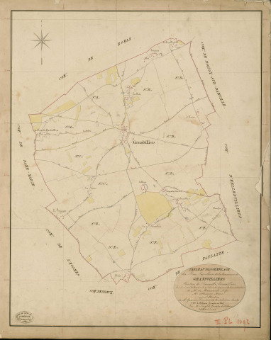 Grandvilliers. Tableau d'assemblage _ du Plan Parcellaire de la Commune de Grandvilliers _ Canton de Damville - Evreux - Eure. _ Terminé sur le Terrain le 9 Décembre 1839 , sous l'administration de M. de Monicault, Préfet _ M. Alleaunme, Maire _ sous la Direction de M. Garnier, Directeur des Contributions directes _ M. Le Fébure, Géomètre en Chef. _ Par M. Lenglet, Géomètre de 1re classe.