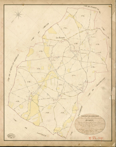 Essarts (Les). Tableau d'assemblage _ du Plan Parcellaire de la Commune des Essarts _ Canton de Damville - Evreux - Eure. _ Terminé sur le Terrain le 29 Décembre 1838 , sous l'administration de M. de Monicault, Préfet _ M. Duvallet, Maire _ sous la Direction de M. Garnier, Directeur des Contributions directes _ M. Le Fébure, Géomètre en Chef. _ Par M. Pizier, Géomètre de 1re classe.