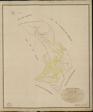 Juignettes. Tableau d'assemblage _ du Plan Parcellaire de la Commune de Juignettes _ Canton de Rugles - Evreux - Eure. _ Terminé sur le Terrain le 2 Aout 1834, sous l'administration de M. A Passy, Préfet _ M. Julienne, Maire _ et sous la Direction de M. Marel, Directeur des Contributions directes _ M. Le Fébure, Géomètre en Chef. _ Par M. Renault, Géomètre de 1re classe.