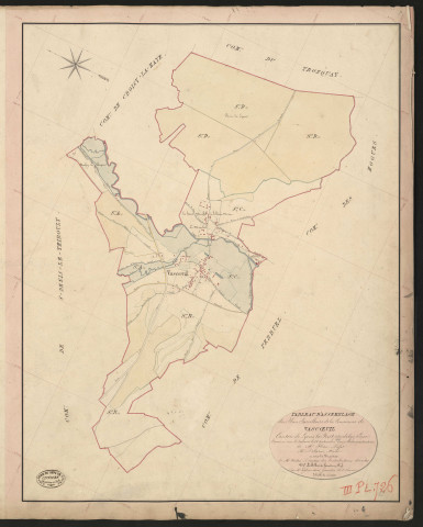Vascoeuil. Tableau d'assemblage du Plan parcellaire de la commune de Vascoeuil. _ Canton de Lyons-la-Forêt - Andelys - Eure. _ Terminé sur le terrain le 28 septembre 1848 sous l'administration de M. Fléau, Préfet _ M. Delarue, maire en sous direction de M. Violas, Directeur des contribution directes _ M. Le Fébure, Géomètre Chef. _ Par M. Lefebure Désiré, Géomètre de 1re classe.