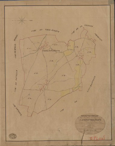 Saint-Aubin-du-Vieil-Evreux. Tableau d'assemblage _ du Plan Parcellaire de la Commune de St Aubin du Vieil Evreux _ Canton de Evreux Sud - Evreux - Eure. _ Terminé sur le Terrain le 3 Octobre 1843, sous l'administration de M. Zédé, Préfet _ M. Freulard, Maire _ sous la Direction de M. Garnier, Directeur des Contributions directes _ M. Le Fébure, Géomètre en Chef. _ Par M. Piedevant, Géomètre de 1re classe.