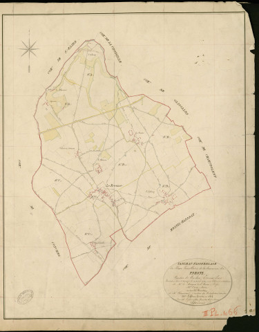 Fresne (Le). Tableau d'assemblage _ du Plan Parcellaire de la Commune de Fresne _ Canton de Conches - Evreux - Eure. _ Terminé sur le Terrain le 10 Avril 1854 , sous l'administration de M. le Marquis de St Croix, Préfet _ M. Oury, Maire _ sous la Direction de M. Chauveau, Directeur des Contributions directes _ M. Lefébure, Géomètre en Chef. _ Par M. Lefebure Félix, Géomètre de 1re classe.