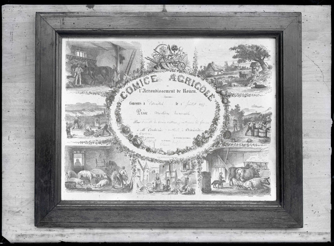 Prix de comice agricole décerné le 1er juillet 1855 à Monsieur Couturier de la famille de Delphine Delamare (Madame Bovary), conservé au musée de Ry (Seine-Maritime).