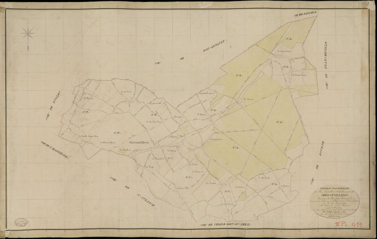 Chéronvilliers. Tableau d'assemblage _ du Plan Parcellaire de la Commune de Chéronvilliers _ Canton de Rugles - Evreux - Eure. _ Terminé sur le Terrain le 16 Mars 1835, sous l'administration de M. A Passy, Préfet _ M. Pétachet, Maire _ et sous la Direction de M. Marel, Directeur des Contributions directes _ M. Lefébure, Géomètre en Chef. _ Par M. Pizier, Géomètre de 1re classe.