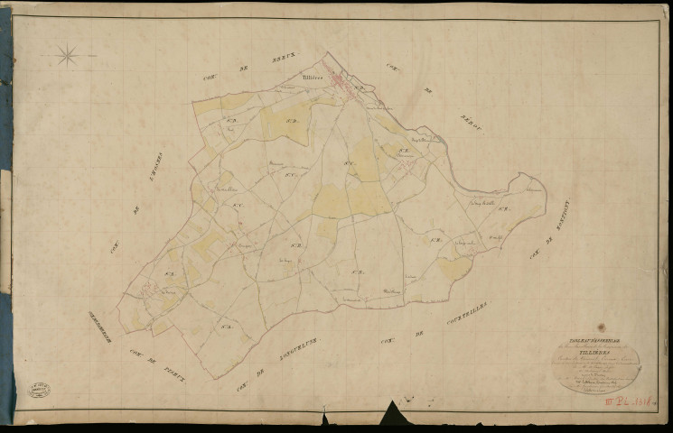 Tillières-sur-Avre. Tableau d'assemblage _ du Plan Parcellaire de la Commune de Tillières _ Canton de Verneuil - Evreux - Eure. _ Terminé sur le Terrain le 4 Octobre 1835, sous l'administration de M. A. Passy, Préfet _ M. Nobramy, Maire _ et sous la Direction de M. Marel, Directeur des Contributions directes _ M. Le Fébure, Géomètre en Chef. _ Par M. Gondouin, Géomètre de 1re classe.