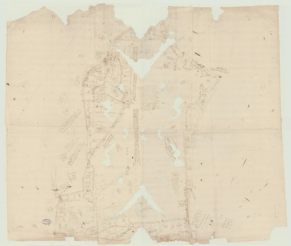 Lande (La) - 1- Plan canevas de la paroisse. * 2- Plan de la paroisse de La Lande. * 3- "Canevas du village de La Baudouinière". * 4-"Canevas de l'ainesse de La Manchonne". * 5- "Canevas de l'enclos du château et de la ferme du Quesnay". *