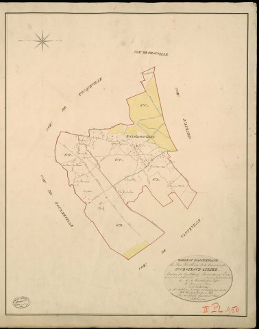 Sainte-Croix-sur-Aizier. Tableau d'assemblage _ du Plan Parcellaire de la Commune de Ste Croix-sur-Aizier _ Canton de Quillebeuf - Pontaudemer - Eure. _ Terminé sur le Terrain en 1824, sous l'administration de M. de Chambaudoin, Préfet _ M. Maquais, Maire _ sous la Direction de M.Aubelin, Directeur des Contributions directes _ M. Hautier, Géomètre en Chef. _ Par M. Gérard, Géomètre de 1re classe.