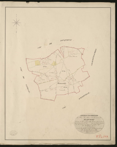 Flancourt. Tableau d'assemblage _ du Plan Parcellaire de la Commune de Flancourt _ Canton de Bourgtheroulde - Pontaudemer - Eure. _ Terminé sur le terrain en 1828, sous l'administration de M.le Vicomte Raymond Delaitre, Préfet _ M. Mattard, maire _ en sous la Direction de M. Hurtrelle, Directeur des Contributions directes. _ M. Hautier, Géomètre en Chef. _ Par M. Lefebure, Géomètre de 1re classe.