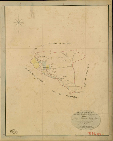 Barville. Tableau d'assemblage _ du Plan Parcellaire de la Commune de Barville _ Canton de Thiberville - Bernay - Eure. _ Terminé sur le Terrain le 21 Avril 1846 , sous l'administration de M. Petit de Bantel, Préfet _ M. de Livet, Maire _ sous la Direction de M.Violas de Martigny, Directeur des Contributions directes _ M. Le Fébure, Géomètre en Chef. _ Par M. Buquet Géomètre de 1re classe.