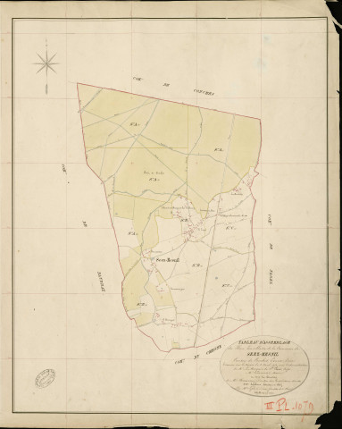 Seez-Mesnil. Tableau d'assemblage _ du Plan Parcellaire de la Commune de Seez-Mesnil _ Canton de Conches - Evreux - Eure. _ Terminé sur le Terrain le 3 Avril 1854 , sous l'administration de M. Le Marquis de Ste Croix, Préfet _ M. Levieux, Maire _ sous la Direction de M. Chauveau, Directeur des Contributions directes _ M. Lefébure, Géomètre en Chef. _ Par M. Lefébure Désiré, Géomètre de 1re classe.