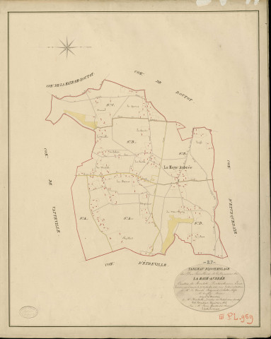 Haye-Aubrée (La). Tableau d'assemblage _ du Plan Parcellaire de la Commune de La Haye-Aubrée _ Canton de Routot - Pontaudemer - Eure. _ Terminé sur le Terrain le 25 septembre 1826 , sous l'administration de M.Le Vicomte Raymond Delaitre, Préfet _ M. Trufley, Maire _ sous la Direction de M.Hurtrelle, Directeur des Contributions directes _ M. Hautier, Géomètre en Chef. _ Par M. Canu, Géomètre de 1re classe.