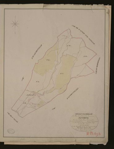 Autheuil. Tableau d'assemblage du Plan Parcellaire de la Commune d'Autheuil. _ Canton de Gaillon - Louviers - Eure. _ Terminé sur le terrain en 1829, sous l'administration de M. Le Vicomte Raymond Delaitre, Préfet - M. Thorel, Maire et sous la direction de M. Hurtrelle, Directeur des Contributions directes. _ M. Hautier, Géomètre en Chef. _ Par M. Lefebvre, Géomètre de 1re classe