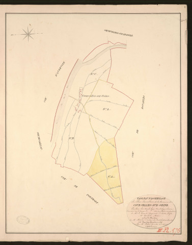 Courcelles-sur-Seine. Tableau d'assemblage du Plan Parcellaire de la Commune de Courcelles-sur-Seine. _ Canton des Andelys - Andelys - Eure. _ Terminé sur le terrain en 1830, sous l'administration de M. Le Vicomte Raymond Delaitre, Préfet - M. Yvelin, Maire et sous la direction de M. Marel, Directeur des Contributions directes. _ - M. Hautier, Géomètre en chef. _ Par M. Folin, Géomètre de 1re classe