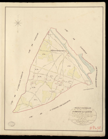 Saint-Pierre-la-Garenne. Tableau d'assemblage du Plan Parcellaire de la Commune Saint-Pierre-la-Garenne _ Canton de Gaillon - Louviers - Eure. _ Terminé sur le terrain le 18 septembre 1829, sous l'administration de M. Le Vicomte Raymond Delaitre, Préfet - M. Mésange, Maire et sous la direction de M. Hurtrelle, Directeur des Contributions directes. _ M. Hautier, Géomètre en Chef. _ Par M. Charpentier, Géomètre de 1re classe