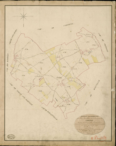 Creton. Tableau d'assemblage _ du Plan Parcellaire de la Commune de Creton _ Canton de Damville - Evreux - Eure. _ Terminé sur le Terrain le 15 Décembre 1839 , sous l'administration de M. de Monicault, Préfet _ M. Huet, Maire _ sous la Direction de M. Garnier, Directeur des Contributions directes _ M. Le Fébure, Géomètre en Chef. _ Par M. Drouet, Géomètre de 1re classe.