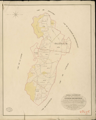 Saint-Ouen-de-Thouberville. Tableau d'assemblage _ du Plan Parcellaire de la Commune de St Ouen-de-Thouberville _ Canton de Routot - Pontaudemer - Eure. _ Terminé sur le Terrain en décembre 1826 , sous l'administration de M.Le Vicomte Raymond Delaitre, Préfet _ sous la Direction de M.Hurtrelle, Directeur des Contributions directes _ M. Hautier, Géomètre en Chef. _ Par M. Chainot, Géomètre de 1re classe.